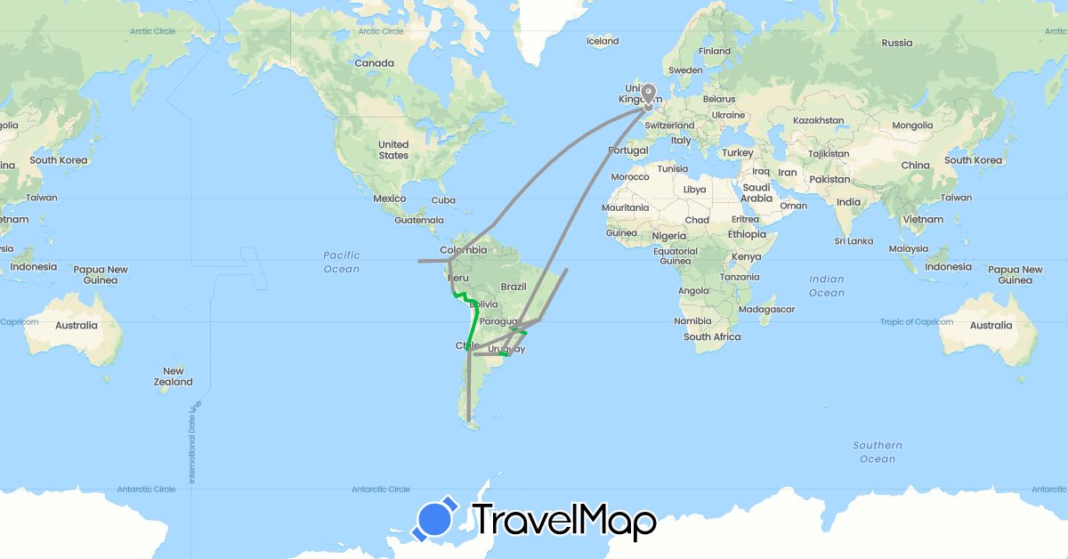 TravelMap itinerary: driving, bus, plane in Argentina, Bolivia, Brazil, Chile, Ecuador, United Kingdom, Saint Lucia, Peru, Uruguay (Europe, North America, South America)